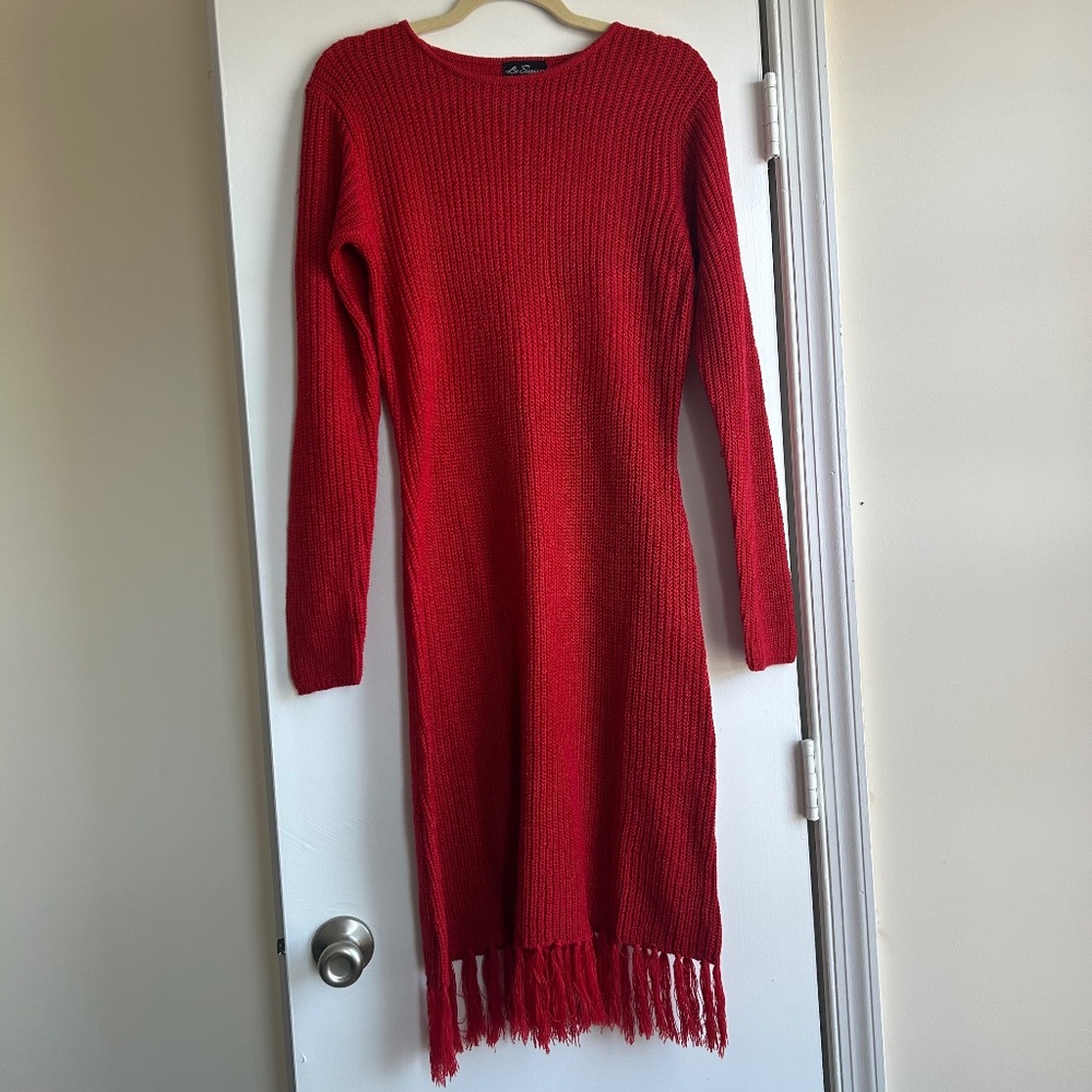 Red Long Sleeve Maxi Knit Crochet Sweater Dress with Fringe M Festive Vacation
